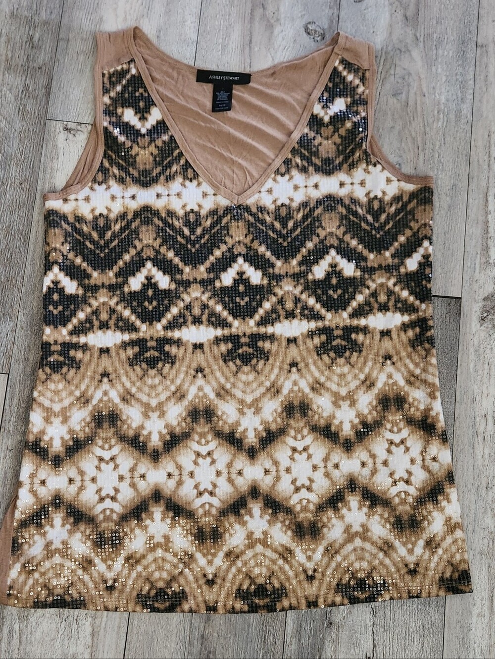 Ashley Stewart Tan Black Cream Sequin V-Neck Tank